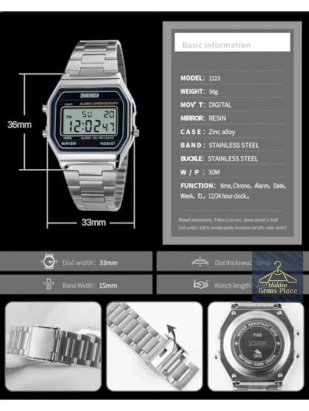 Men's Digital Wrist Watch Stainless Steel Band 30M Water Resistant Square LED